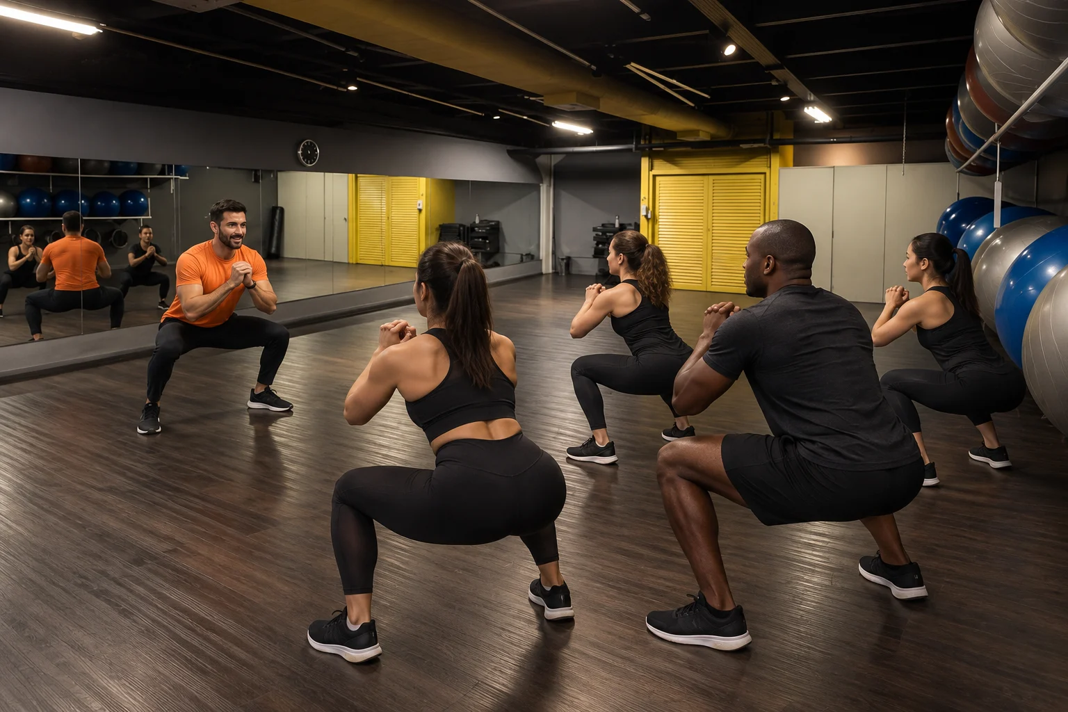 Turma em exercícios localizados orientada pelo professor na sala da The Best
