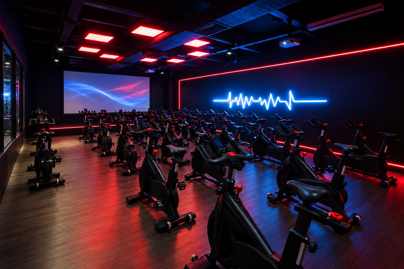 Vista ampla do Cycle Studio da The Best, com bicicletas Schwinn pretas, telão e neon