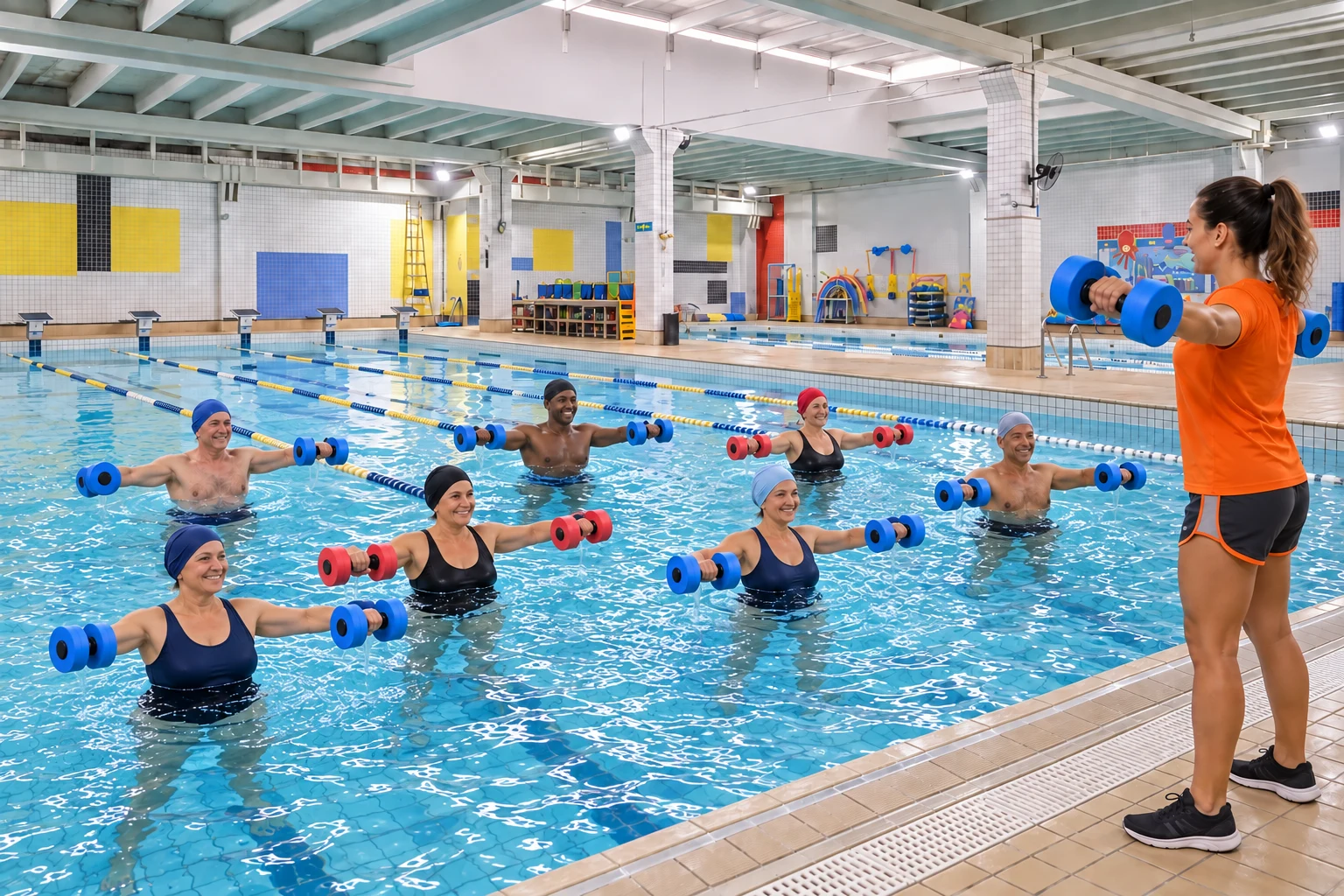 Turma adulta fazendo hidroginástica com halteres na piscina aquecida da The Best, orientada pela professora à direita