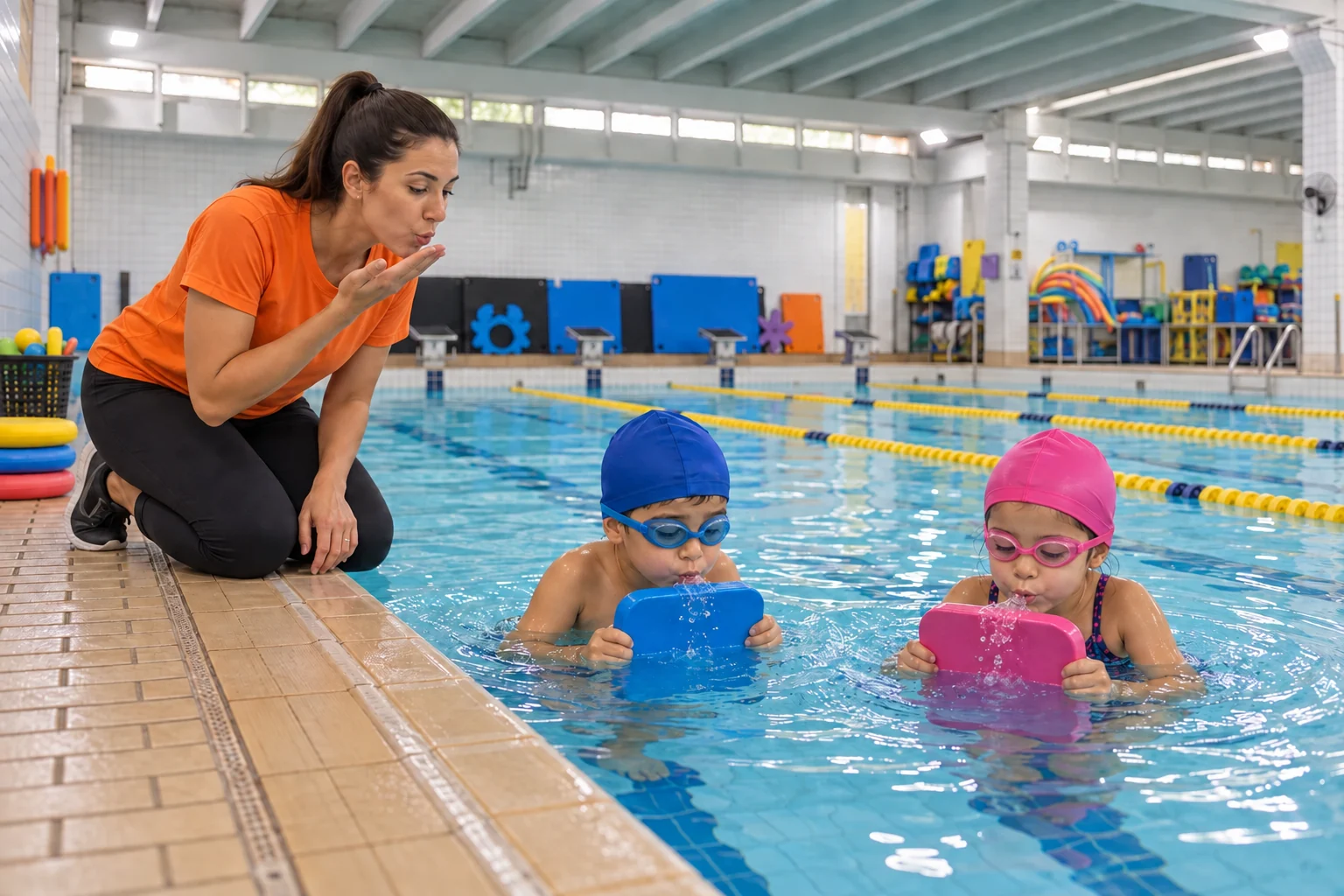 Cena de aula na piscina infantil, com professora na borda e duas crianças de touca