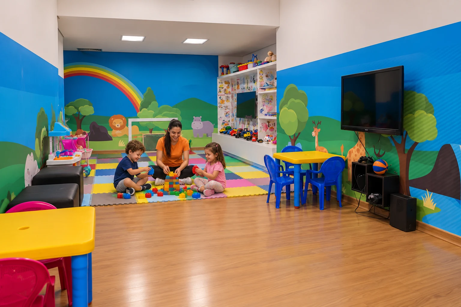Sala de recreação da The Best, com tatame colorido, prateleiras de brinquedos e mural pintado