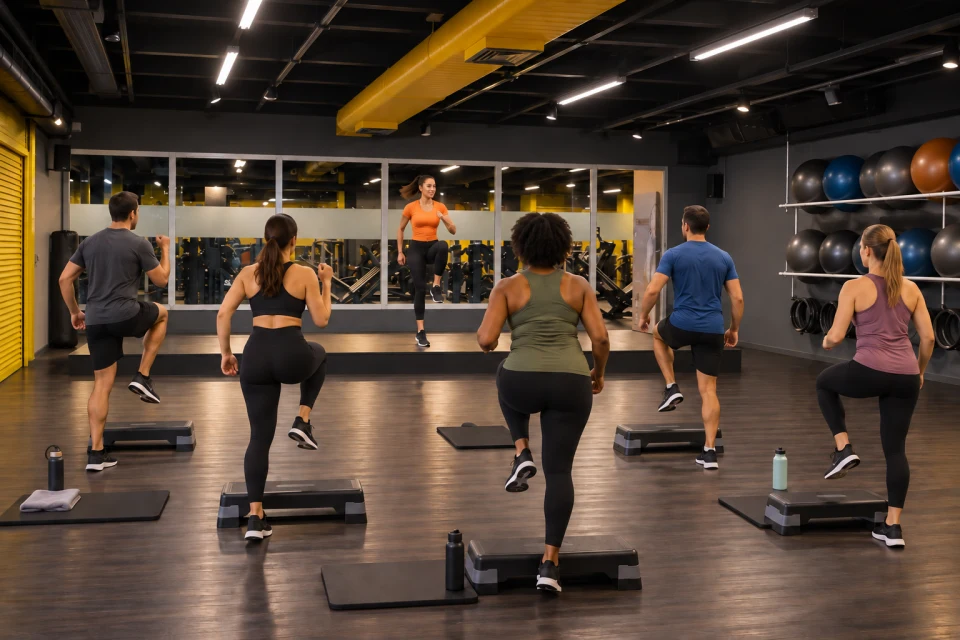 Turma praticando exercícios com steps, voltada para a professora no palco da The Best