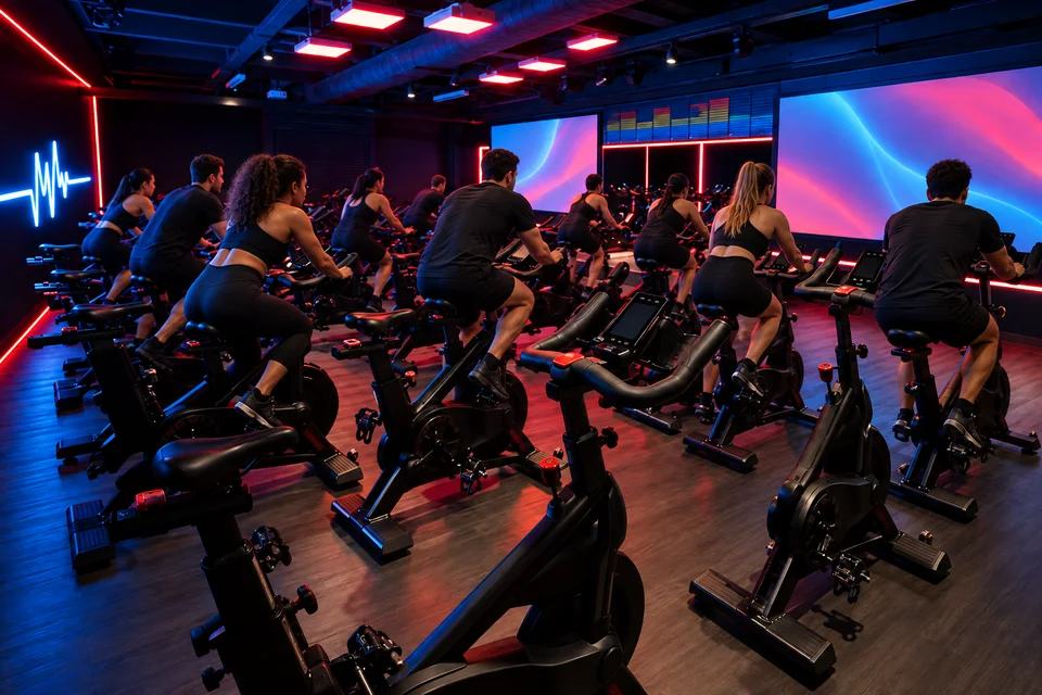 Turma pedalando em bicicletas pretas, voltada aos telões do Cycle Studio