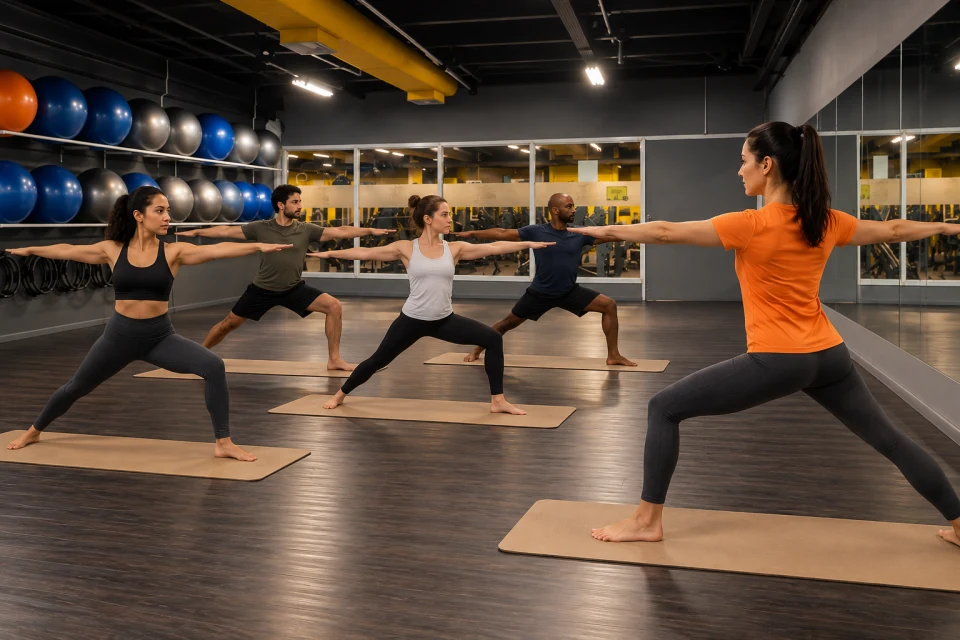 Turma de yoga em postura do guerreiro na sala coletiva da The Best