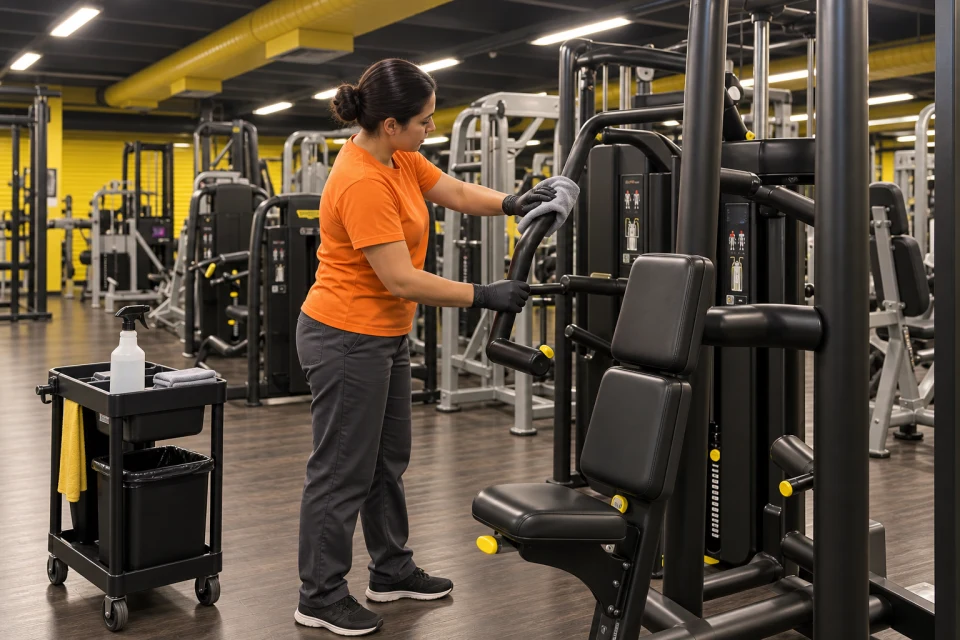 Cena ilustrativa de limpeza de um equipamento de musculação