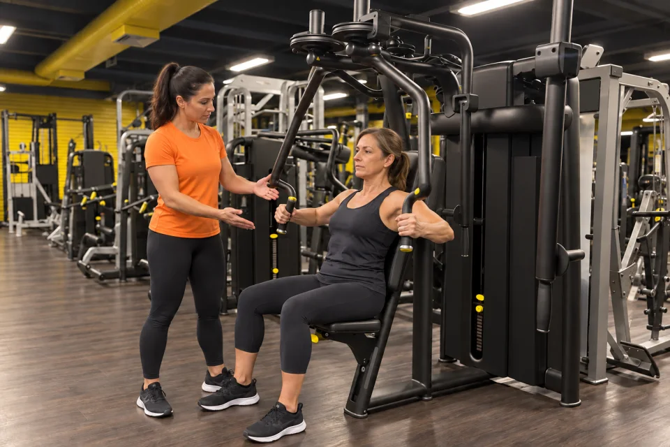 Professora orientando uma aluna adulta em um equipamento de musculação