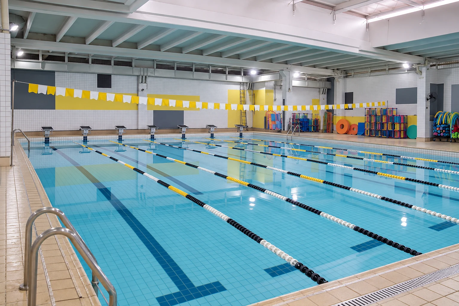 Piscina semiolímpica aquecida, vazia, com raias e blocos de largada