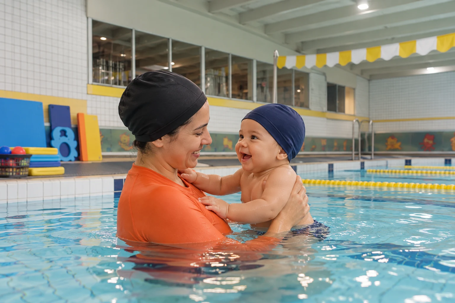 Bebê acompanhado por um responsável durante o primeiro contato com a água na piscina infantil