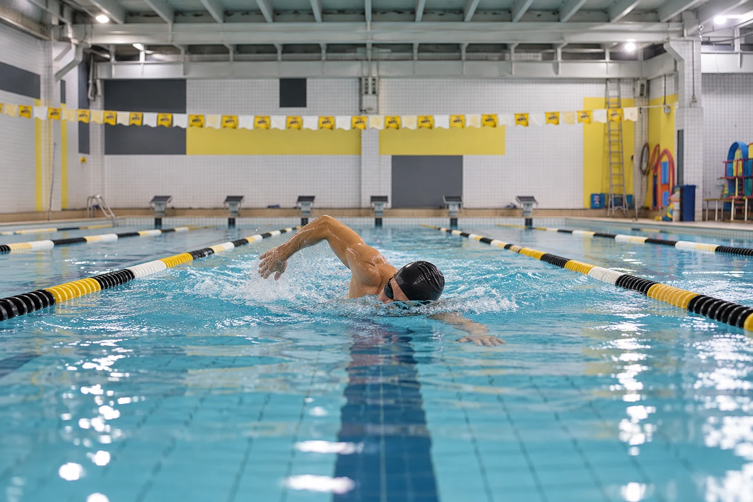 Nadador adulto mantendo a prática em uma raia da piscina