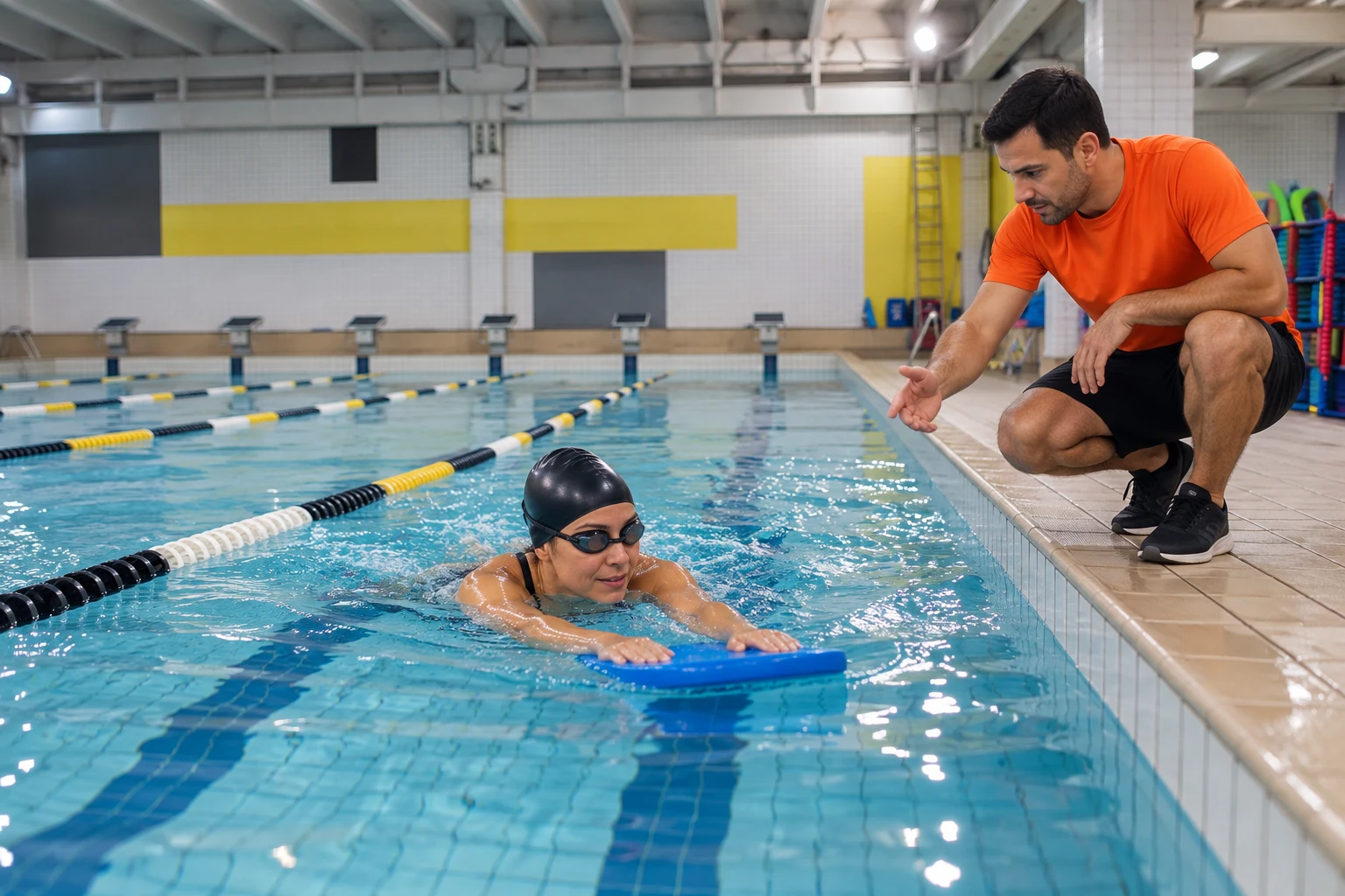 Nadador adulto iniciante praticando com prancha, orientado por professor na borda da piscina
