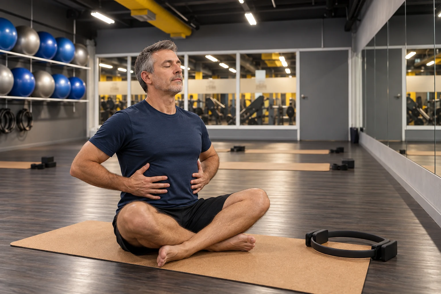 Aluno praticando respiração concentrada sentado no colchonete da sala de Pilates solo