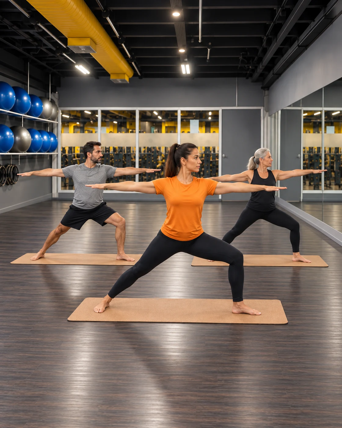 Turma praticando yoga na sala da The Best, com posturas visíveis e orientação da professora